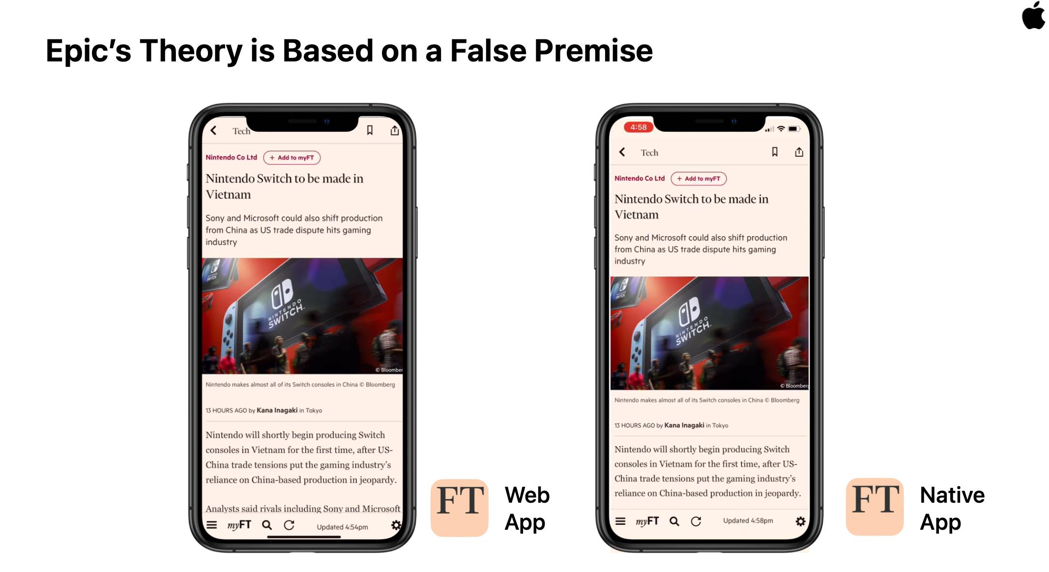 Apple's lawyers <a href='https://twitter.com/slightlylate/status/1389647183457124353?s=20'>mangled a screen capture of the Financial Times (<abbr>FT</abbr>) web app to cover for a deficit of features in Safari and WebKit</a>, inadvertently setting the tone.