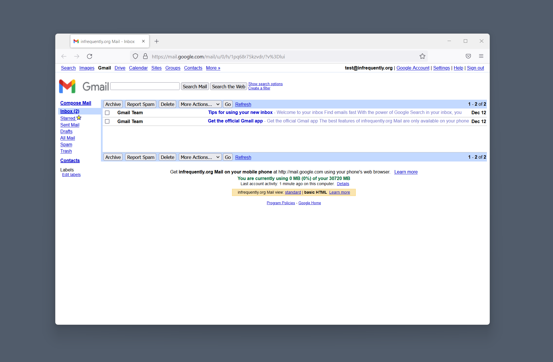 The same inbox in Gmail's 'simple HTML' mode